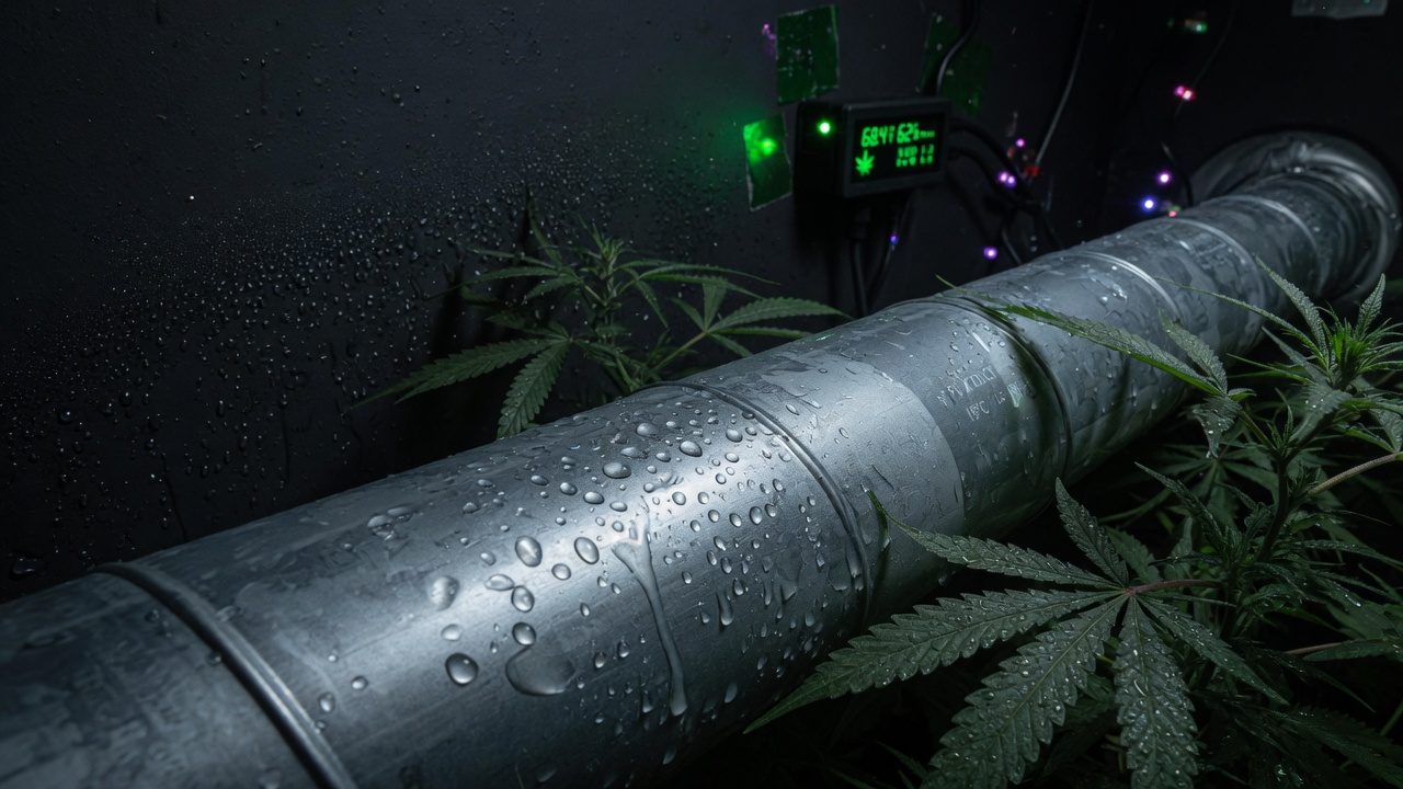 Condensation droplets on a metal duct and wall inside a dark grow room at night