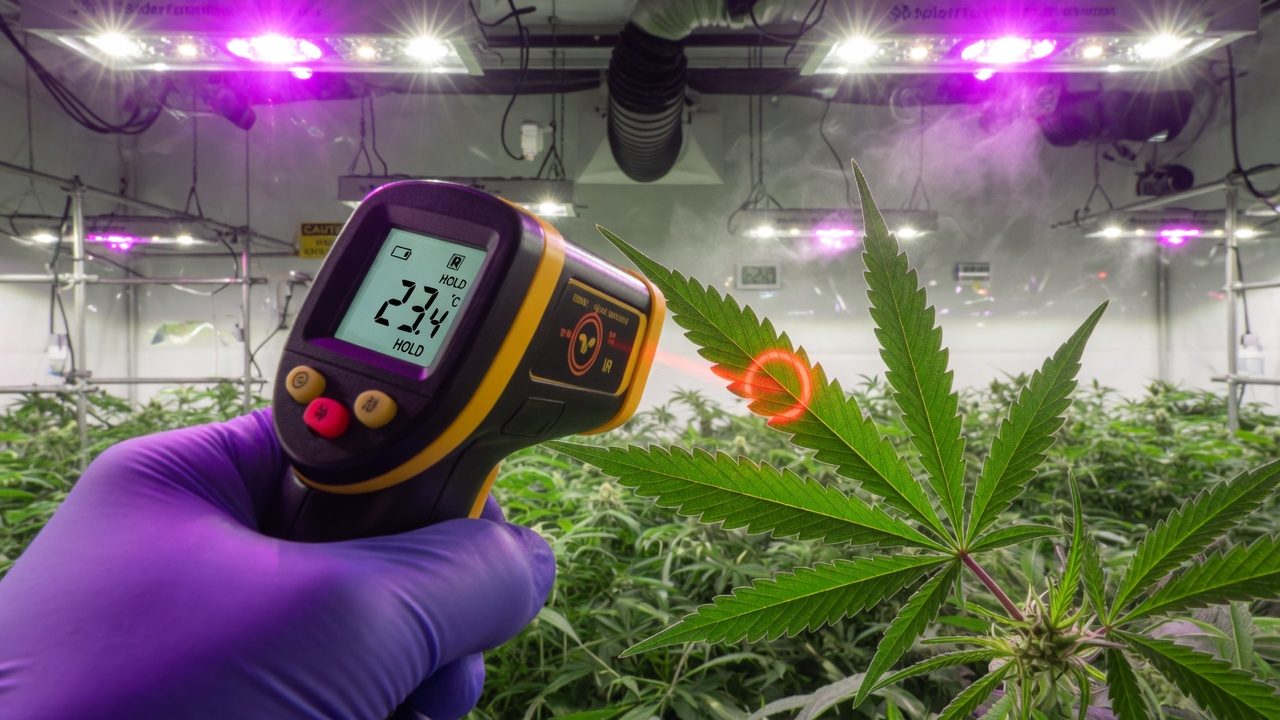 Infrared thermometer measuring leaf surface temperature of a cannabis leaf