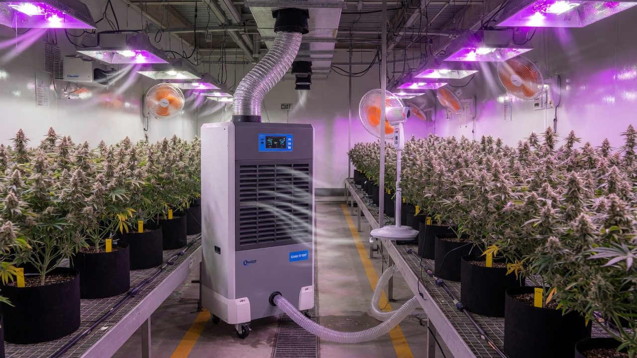Dehumidifier with drain hose running between rows of cannabis plants in a grow room
