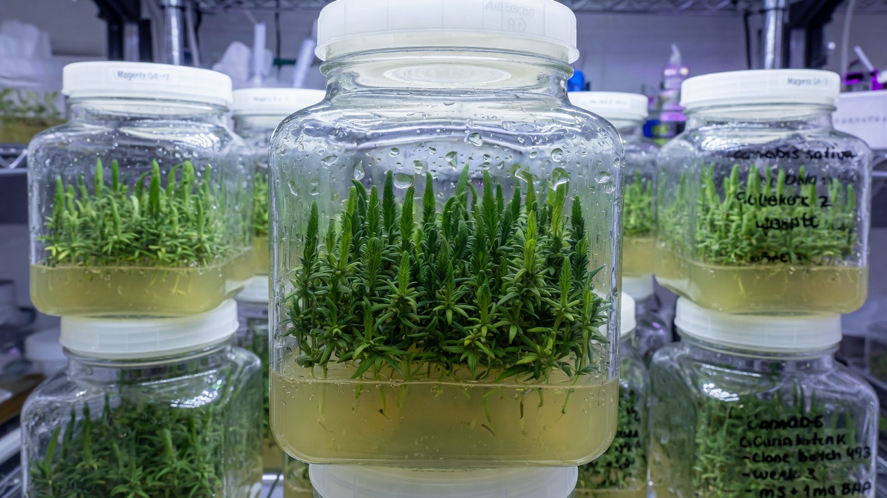 Multiple cannabis shoots multiplying in TC jars