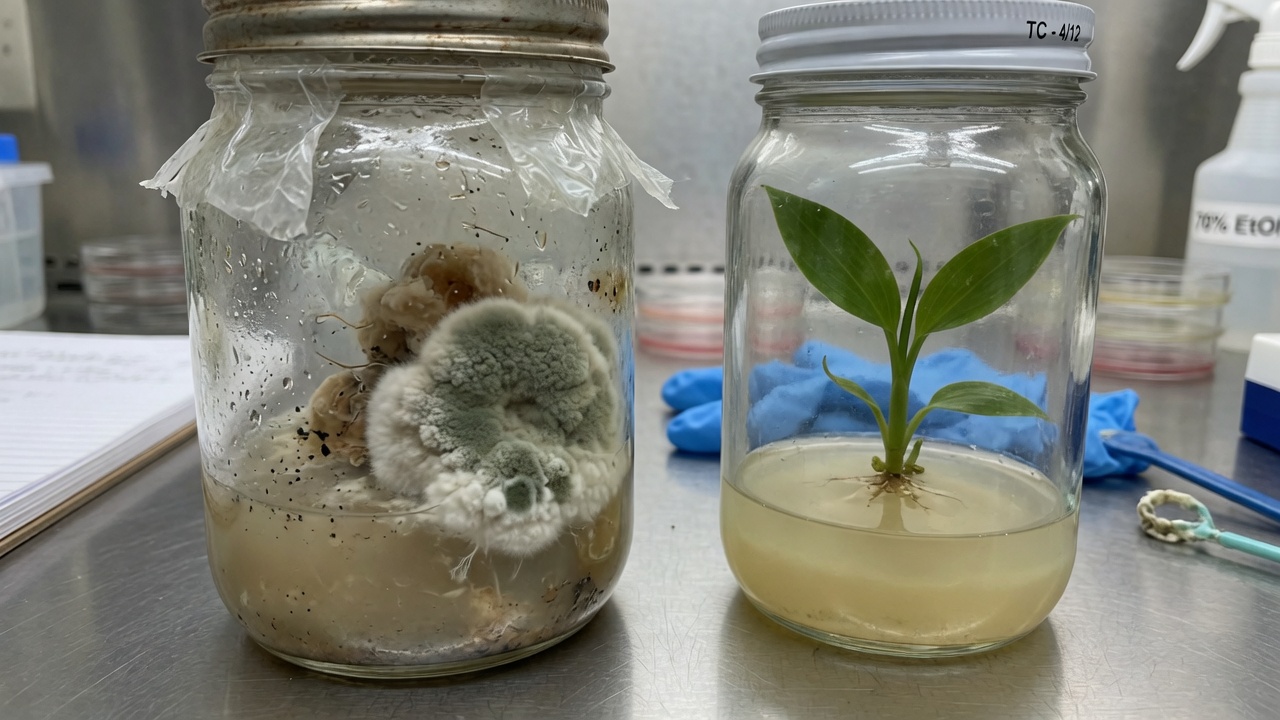 Contaminated tissue culture jar next to clean jar