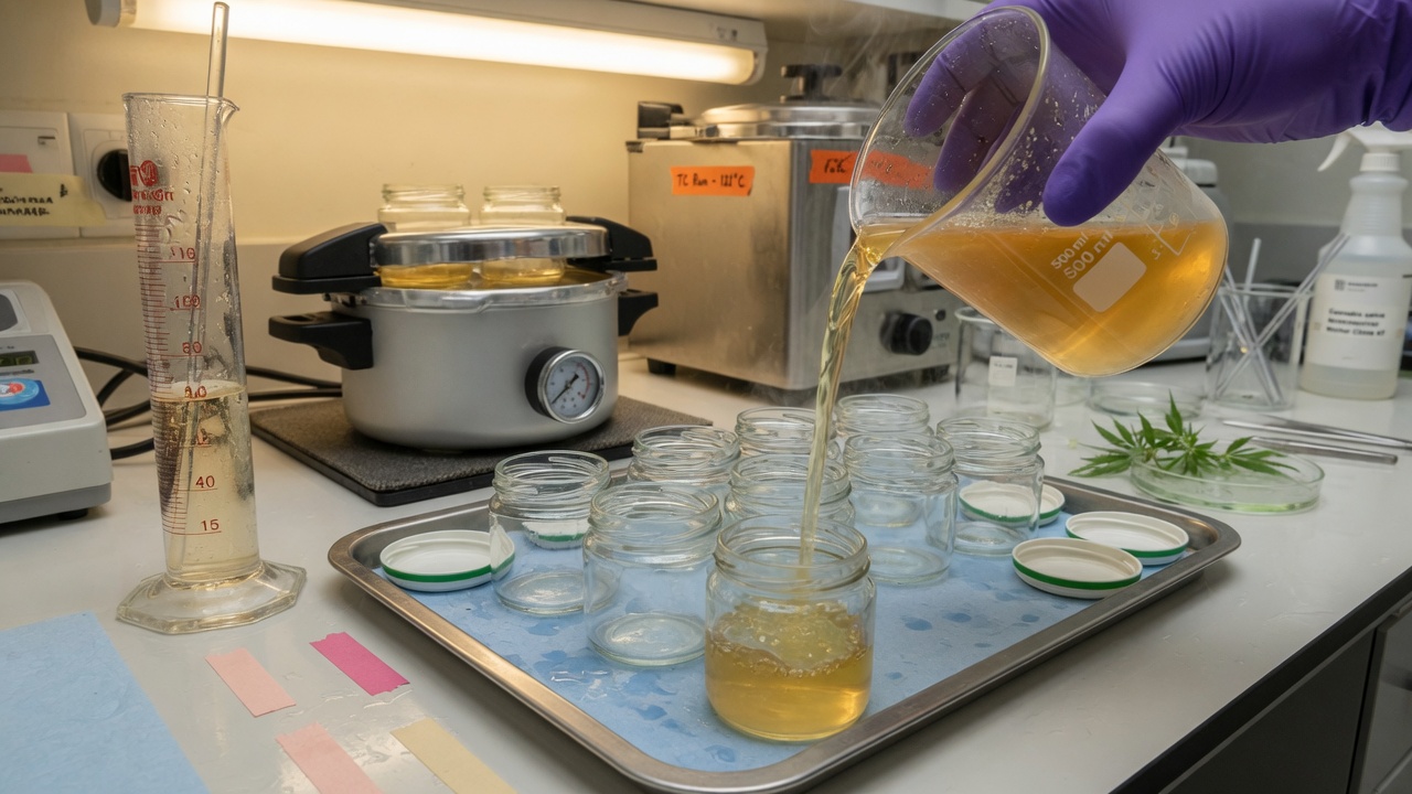 Pouring tissue culture medium into jars