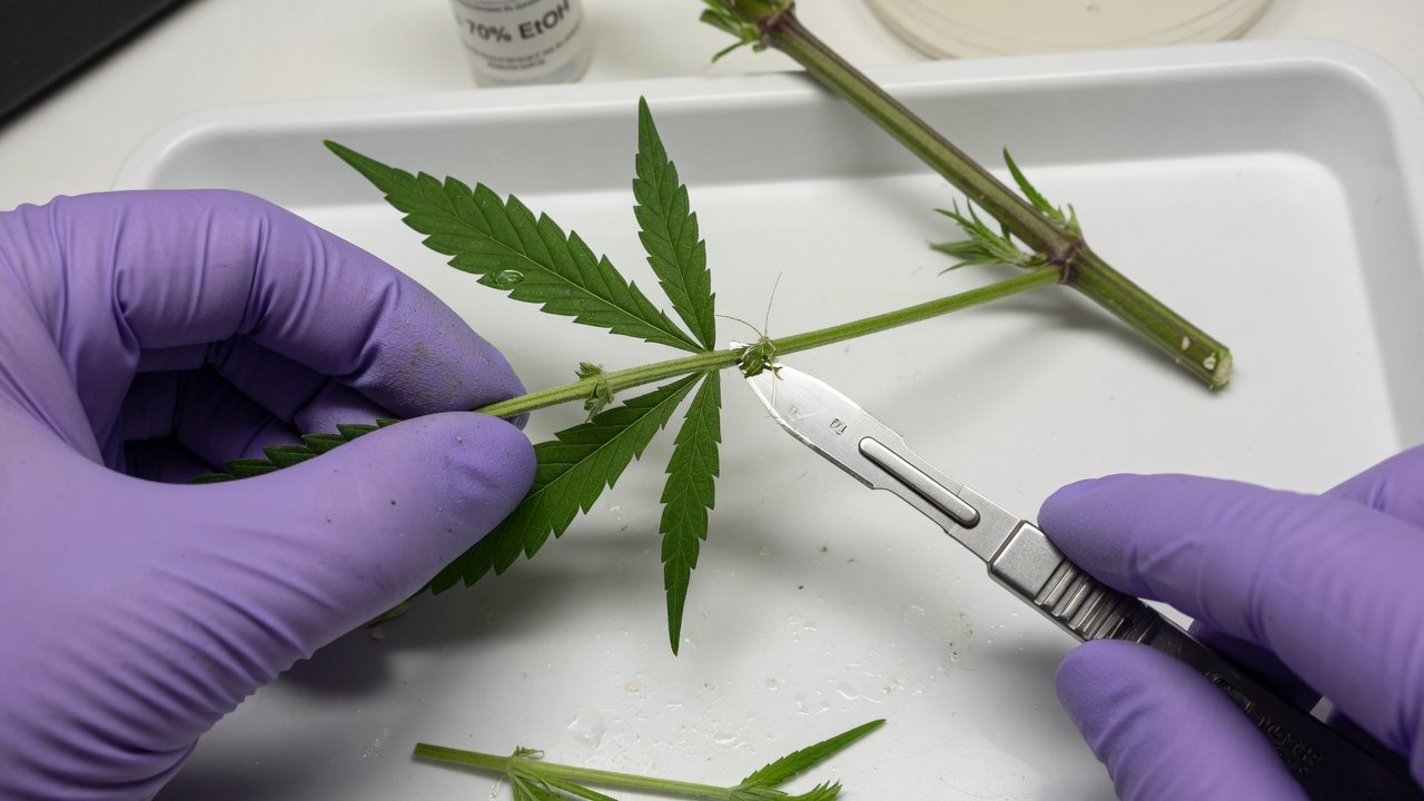 Cutting a cannabis nodal explant with scalpel