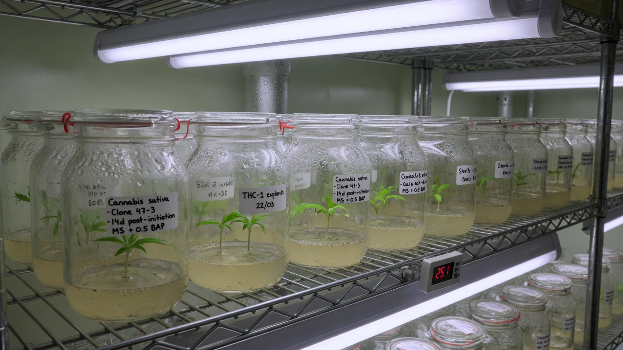 Tissue culture jars on growth shelf