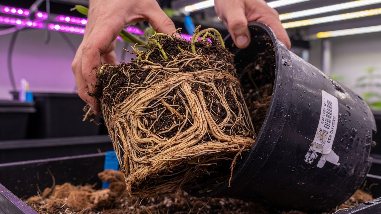 Root-bound cannabis root ball with circling roots being removed from a black pot