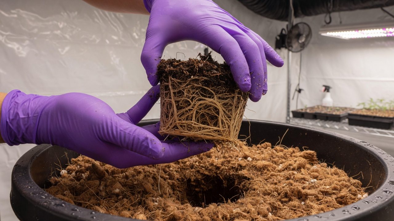 Gloved hands transplanting a cannabis root ball into a larger container of coco
