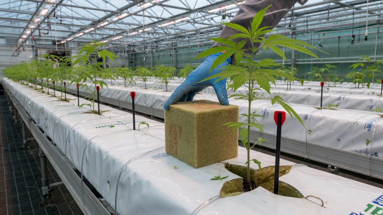 Rockwool block with young plant being placed onto a wrapped slab in a greenhouse