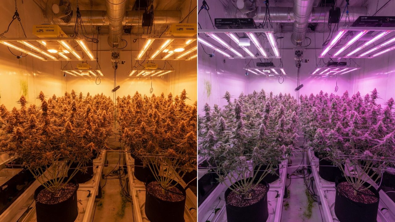 Side-by-side view of a cannabis flowering room under orange HPS lighting and another under white-magenta LED lighting