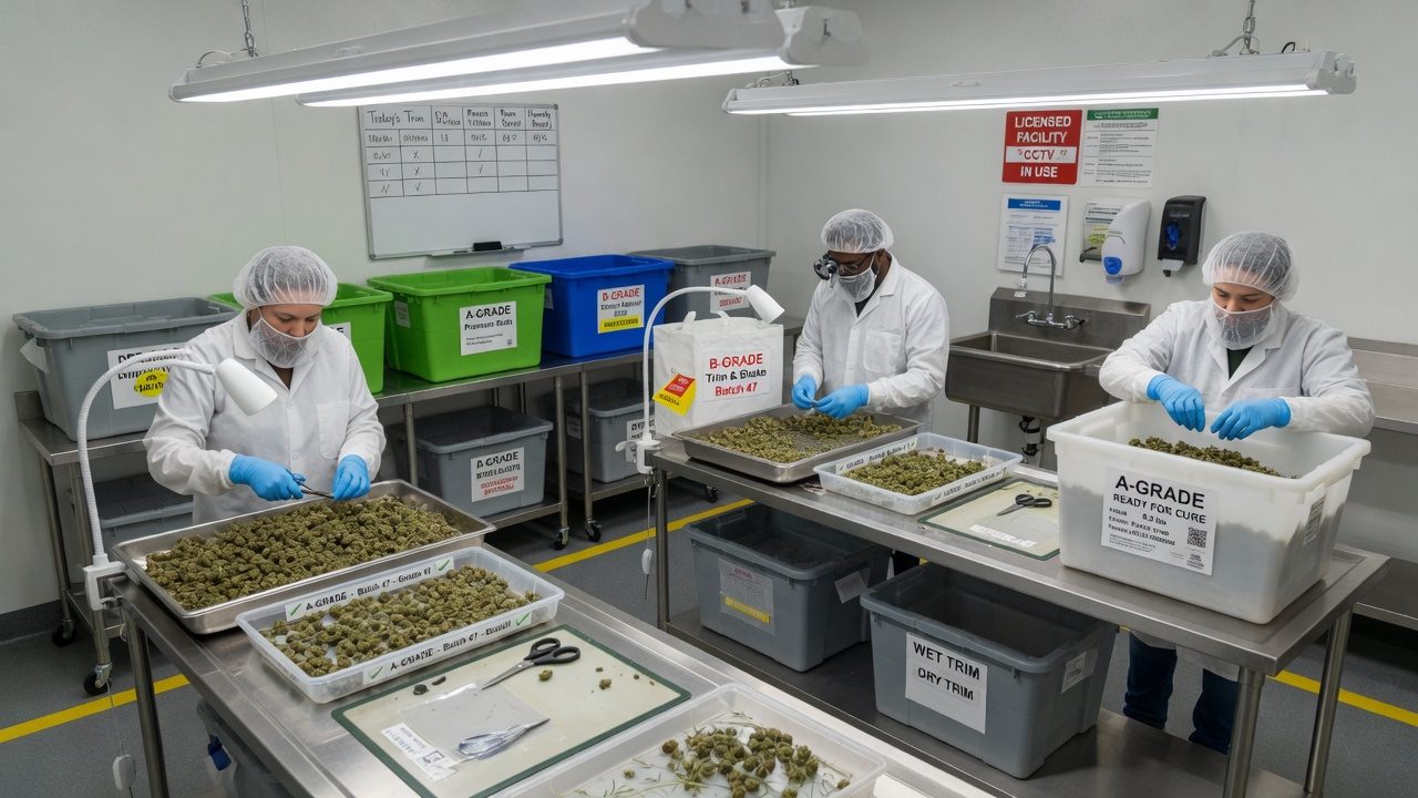 Workers hand-trimming dried cannabis flower at stainless steel benches in a clean trim room