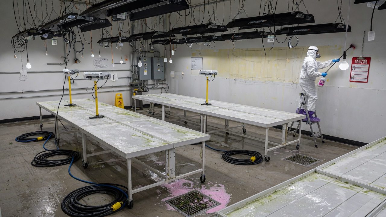 Cleaned empty cannabis grow room with bare benches during reset between crops