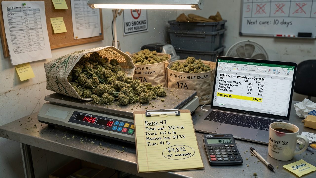 Dried cannabis flower being weighed on a scale beside a clipboard, calculator and spreadsheet