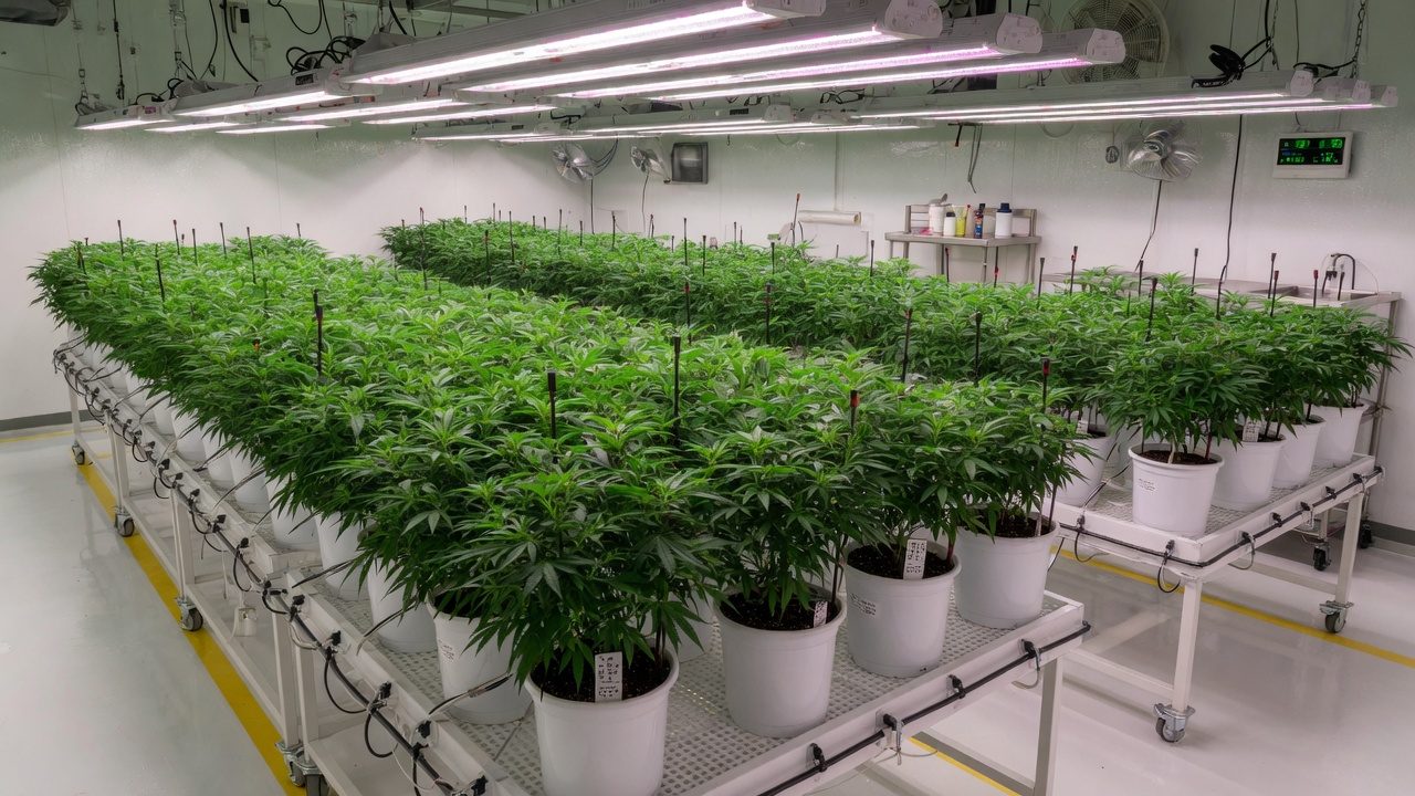 Rows of vegetative cannabis plants on benches under LED lighting in an indoor grow room