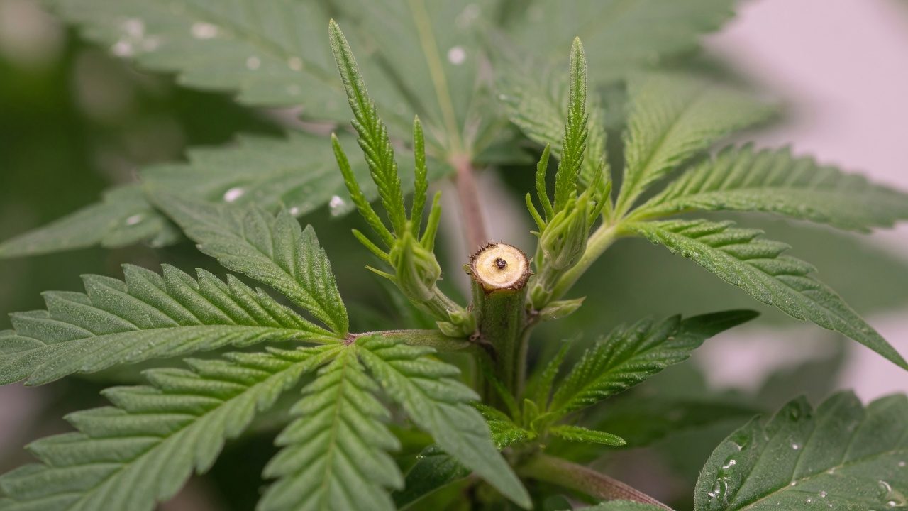 Close-up of a topped cannabis plant with two new leader shoots growing from the top node