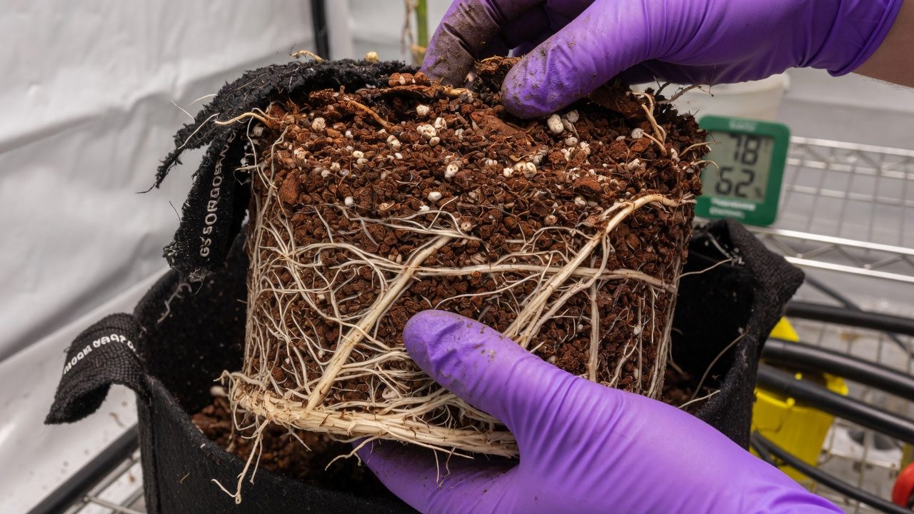 Healthy white cannabis roots covering the outside of a coco coir root ball