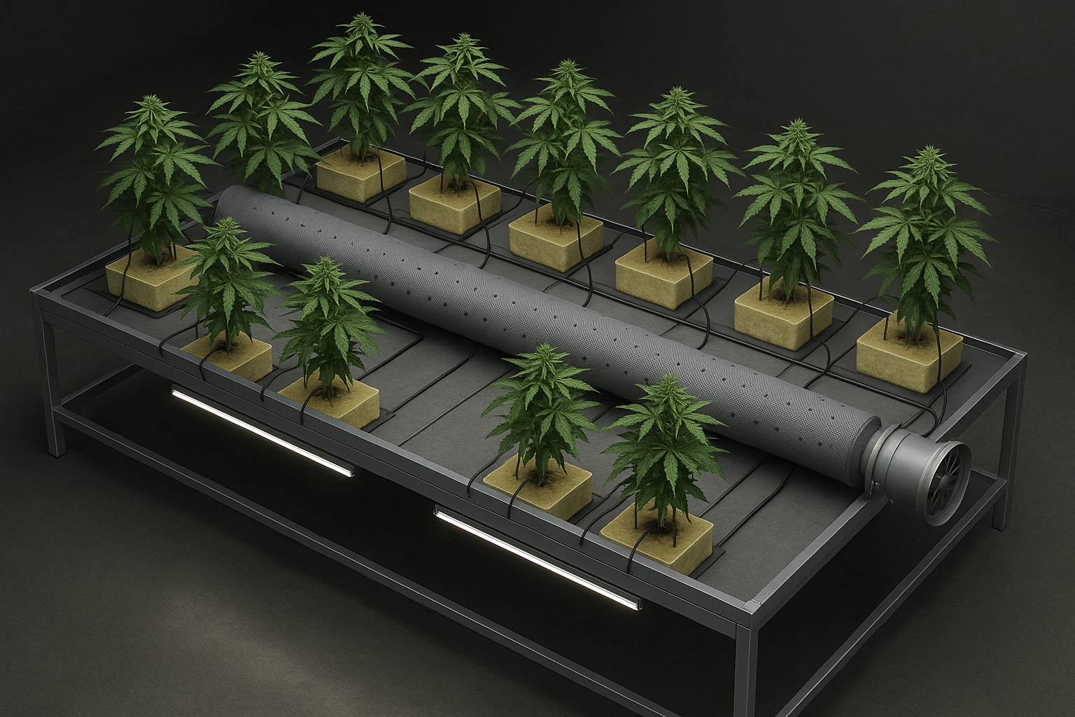 Illustrative cultivation table with two outside slab rows, a central perforated air tube and longitudinal under-canopy lights