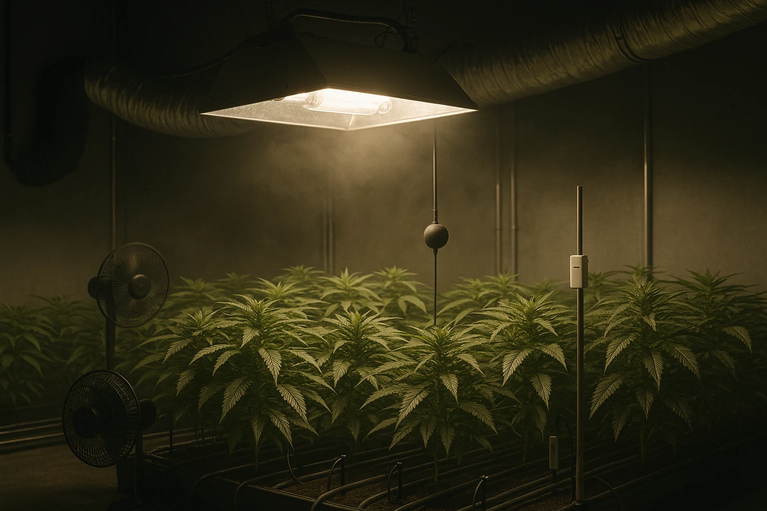 Illustrative indoor canopy under strong light with airflow and environmental sensors