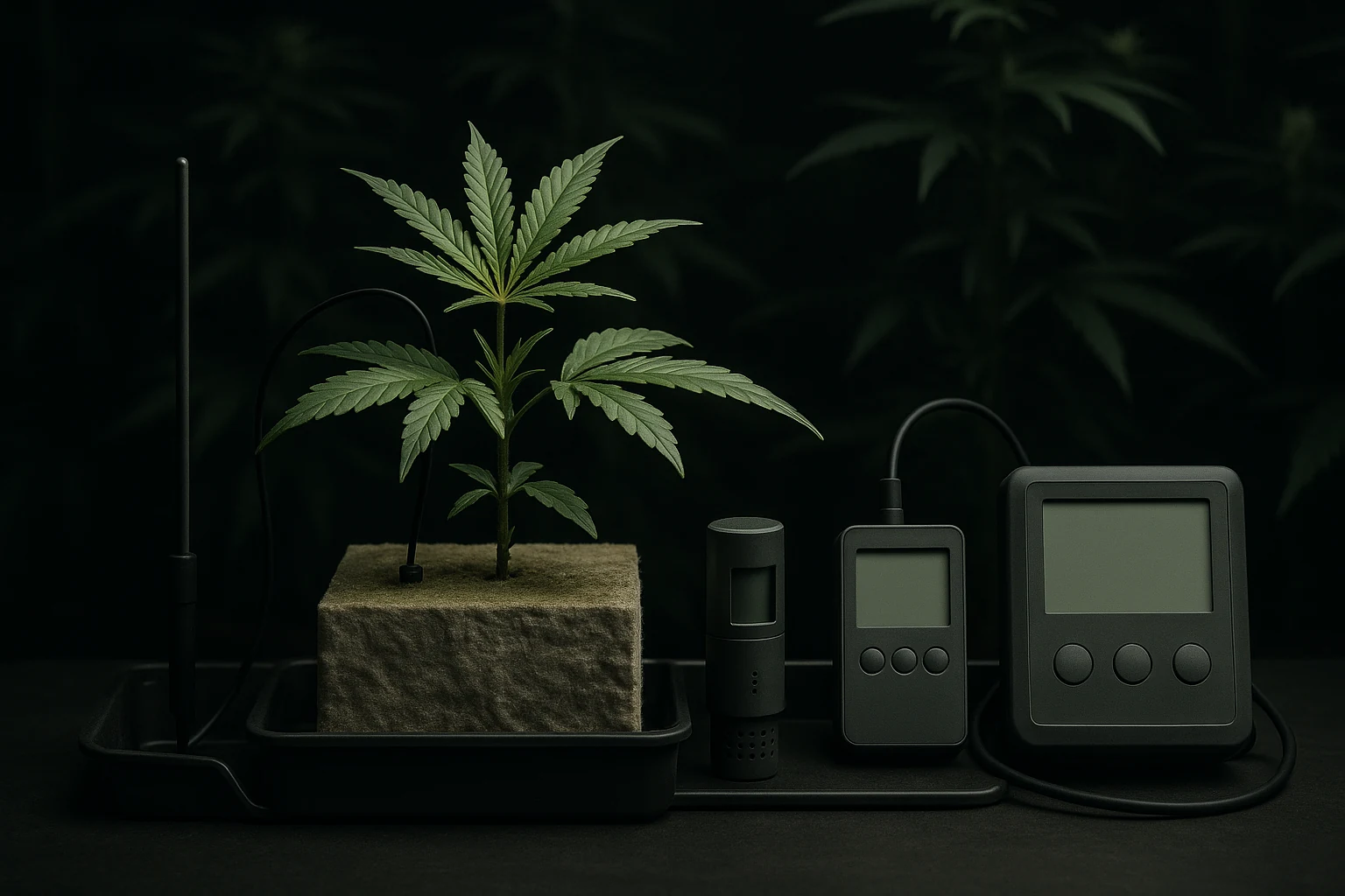 Illustrative stone-wool plant control station with irrigation, substrate probes and blank instruments