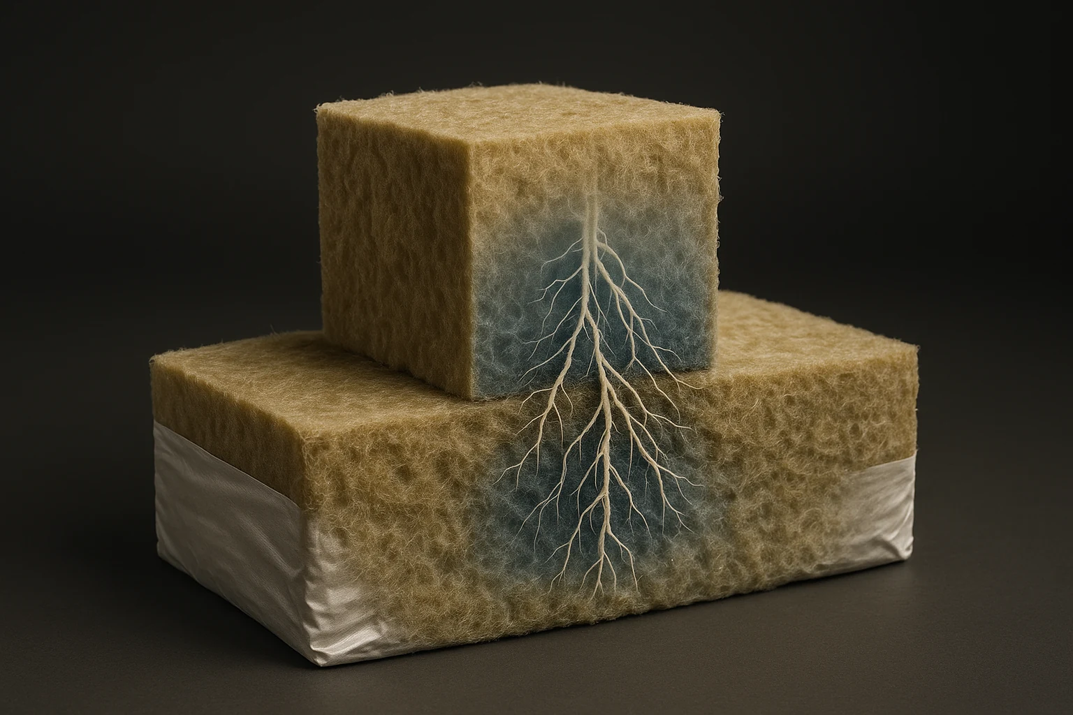 Illustrative transparent block-on-slab cutaway with roots and a lower moisture gradient