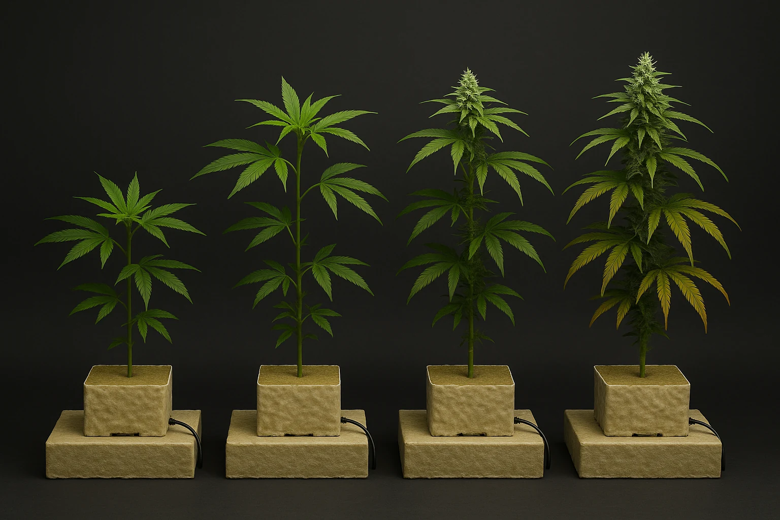 Illustrative cannabis plants progressing from vegetative growth through flower set, bulking and ripening