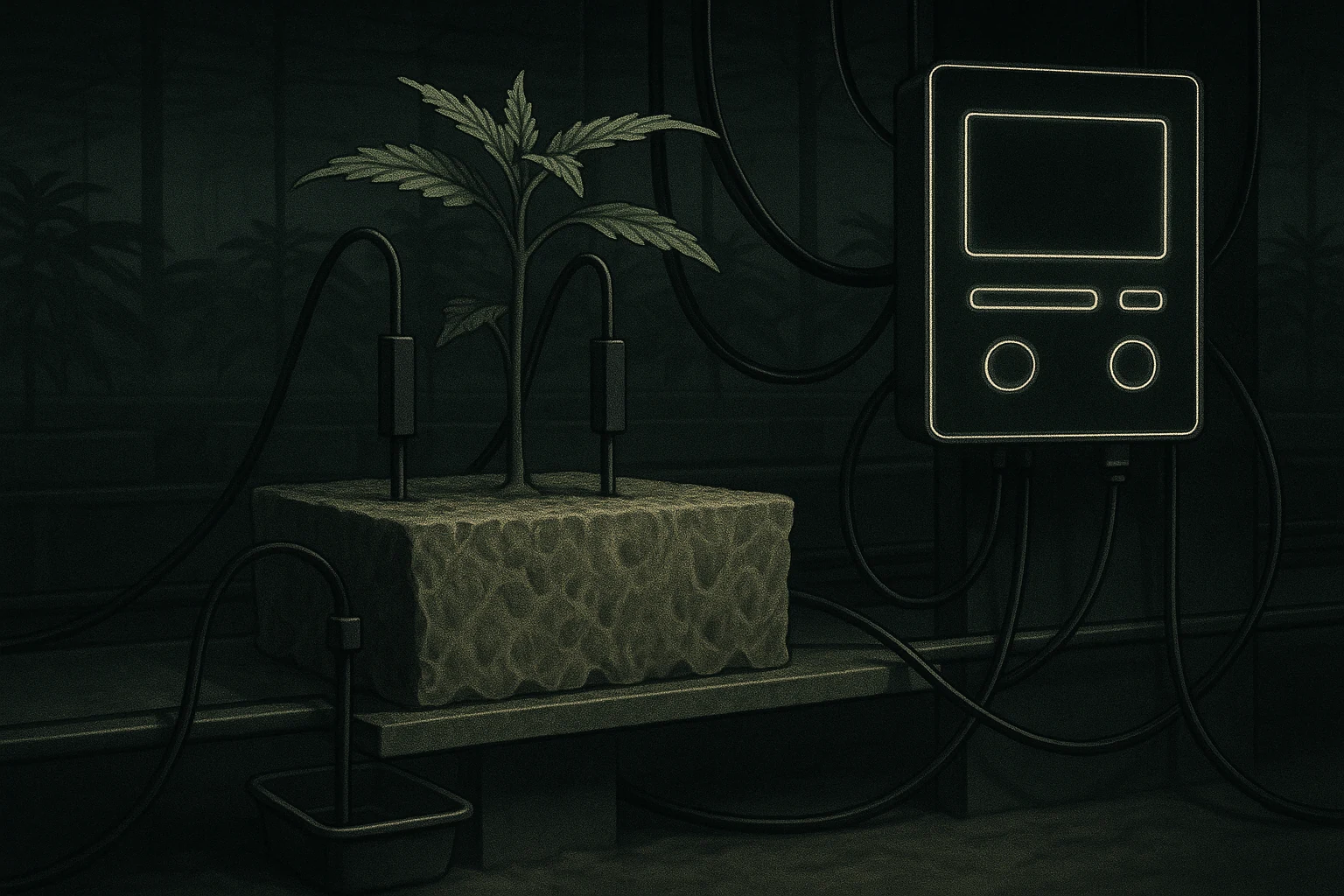 Illustrative stone-wool slab with paired probes, irrigation tubing and a blank data logger