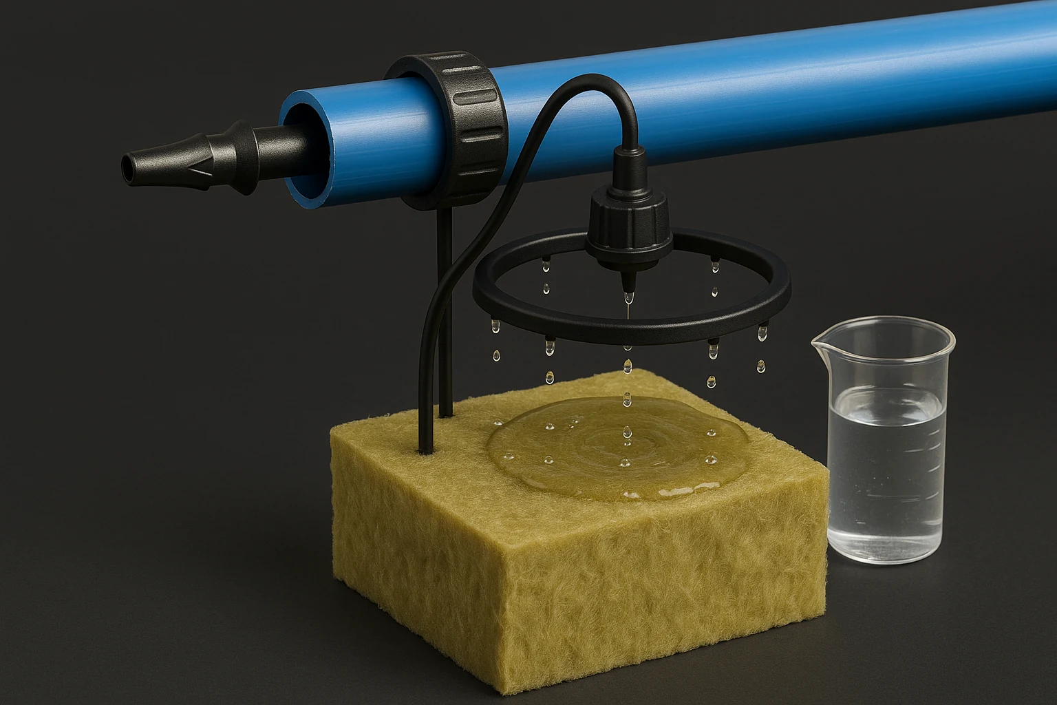 Illustrative pressure-compensating dripper, feed tube and wetting ring above a stone-wool block
