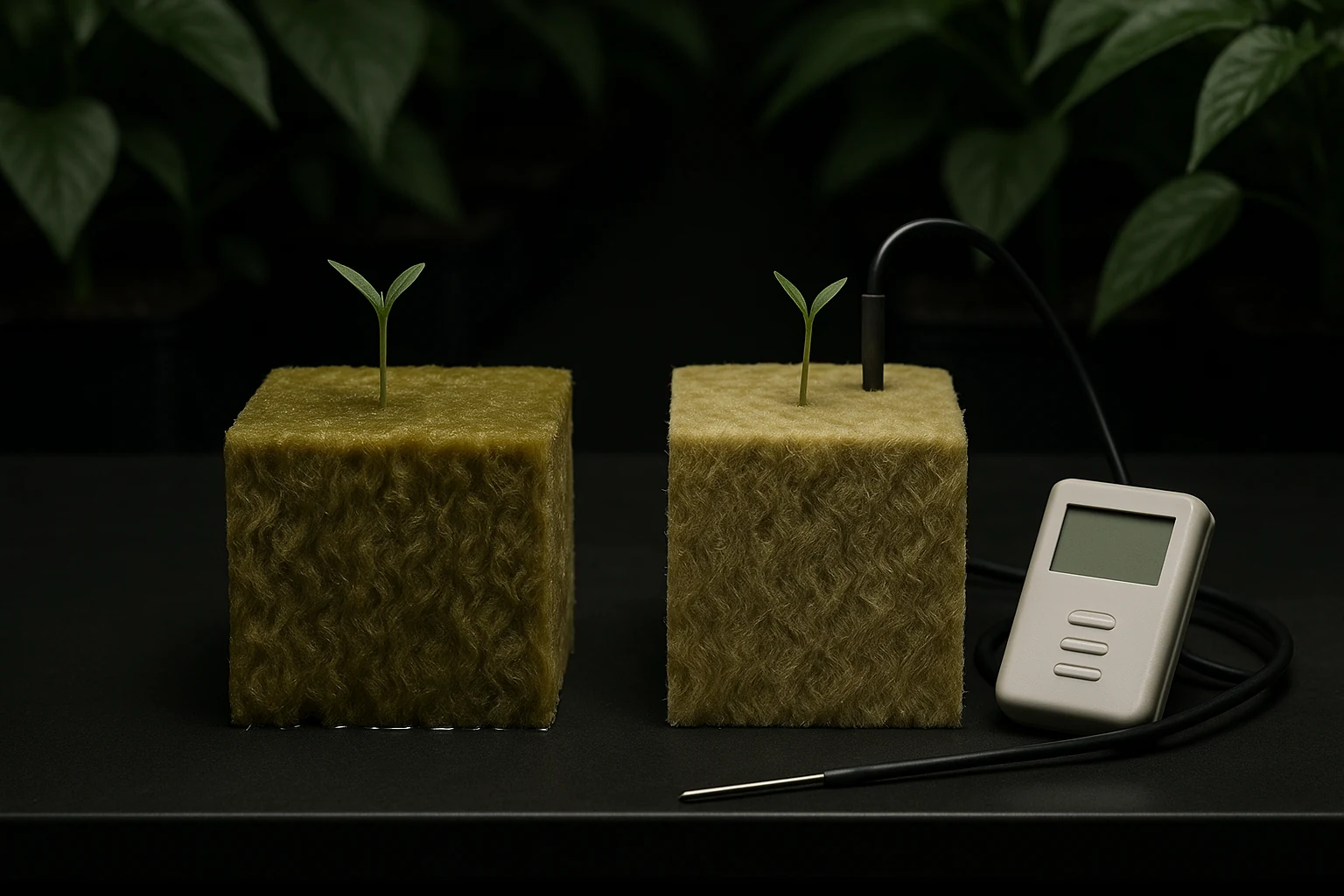 Two stone-wool blocks representing wetter and drier root-zone states beside a blank sensor