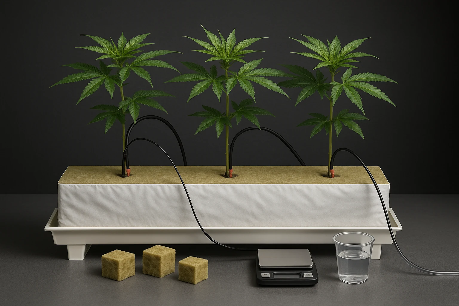Illustrative three-plant stone-wool slab with irrigation lines, probes, drain tray, catch vessel and scale