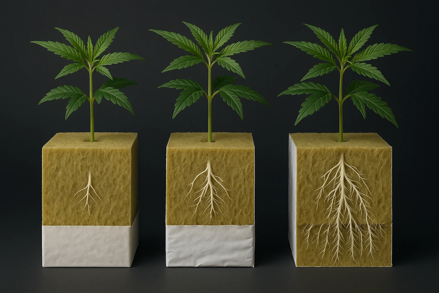 Illustrative three-stage root progression from a stone-wool block into the substrate below