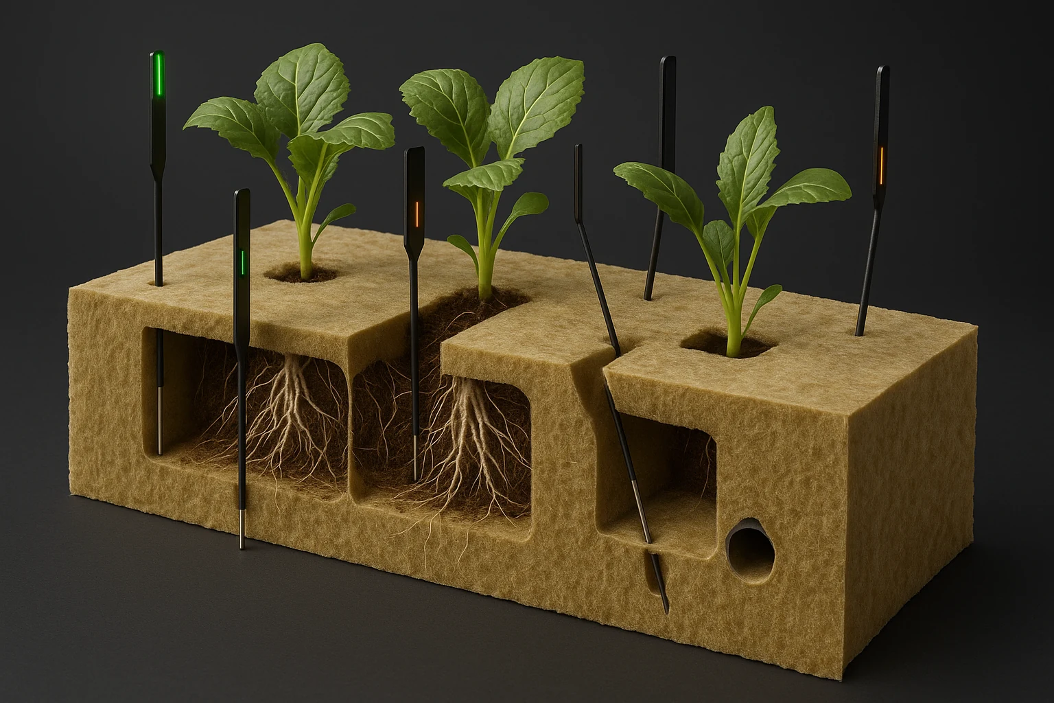 Illustrative three-plant slab with several substrate probes at central, edge, emitter and drain-end locations