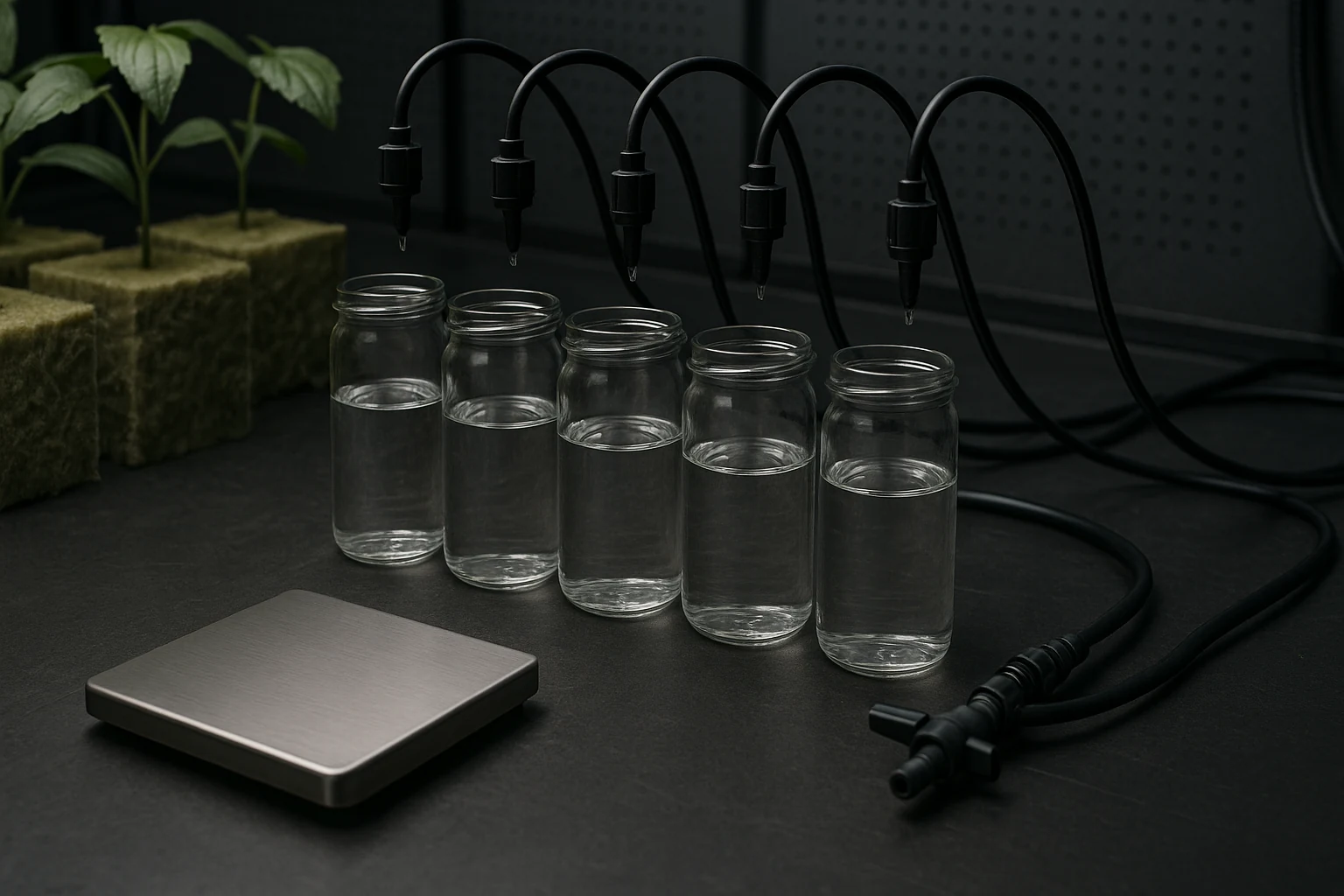 Five identical irrigation outlets dripping into plain catch vessels for a uniformity test