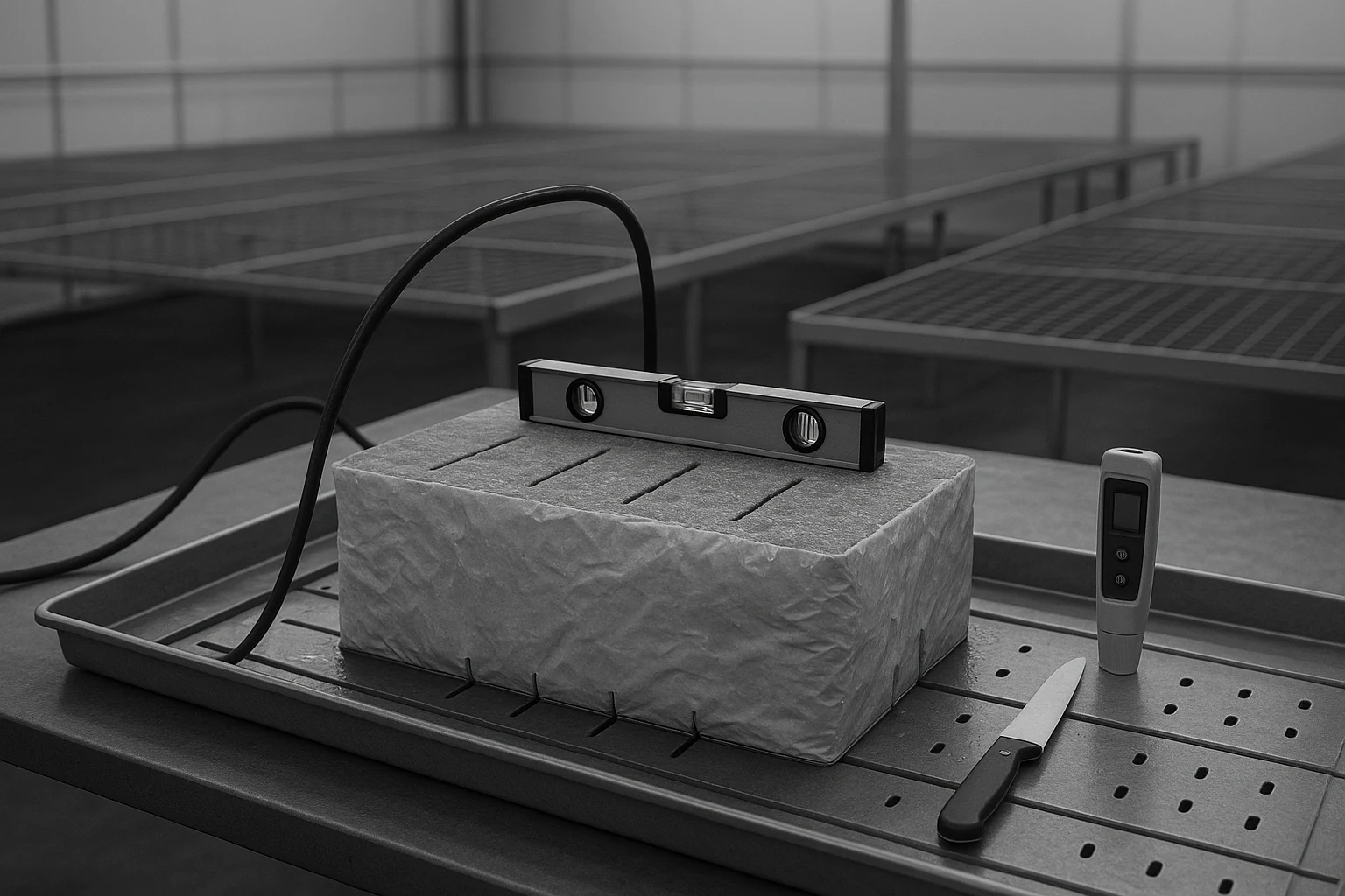 Illustrative wrapped stone-wool slab preparation station with level, soaking line and drainage tools