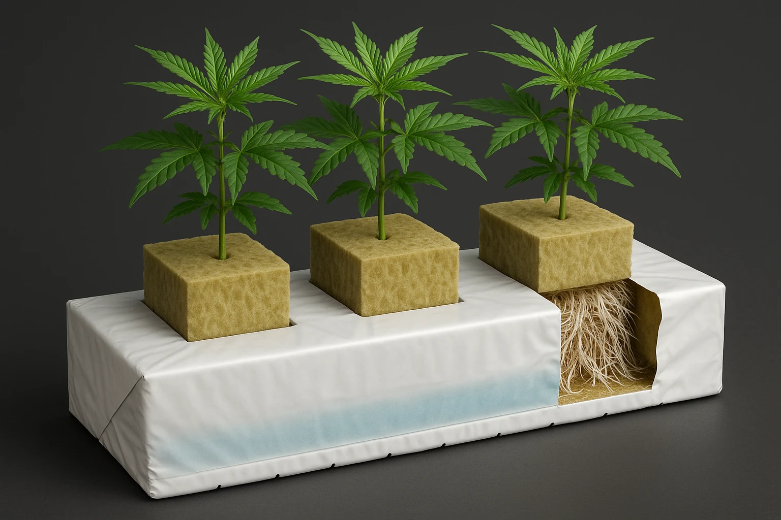 Illustrative three-plant stone-wool slab cutaway showing root entry and lower drainage slits
