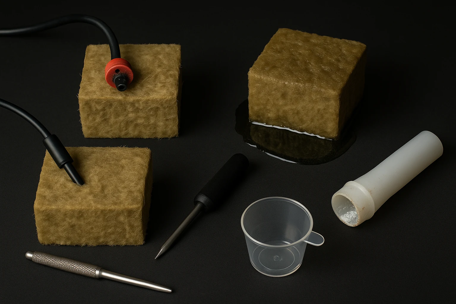Illustrative irrigation diagnostic bench with dry and wet stone-wool blocks, a clogged outlet, probes and catch cup