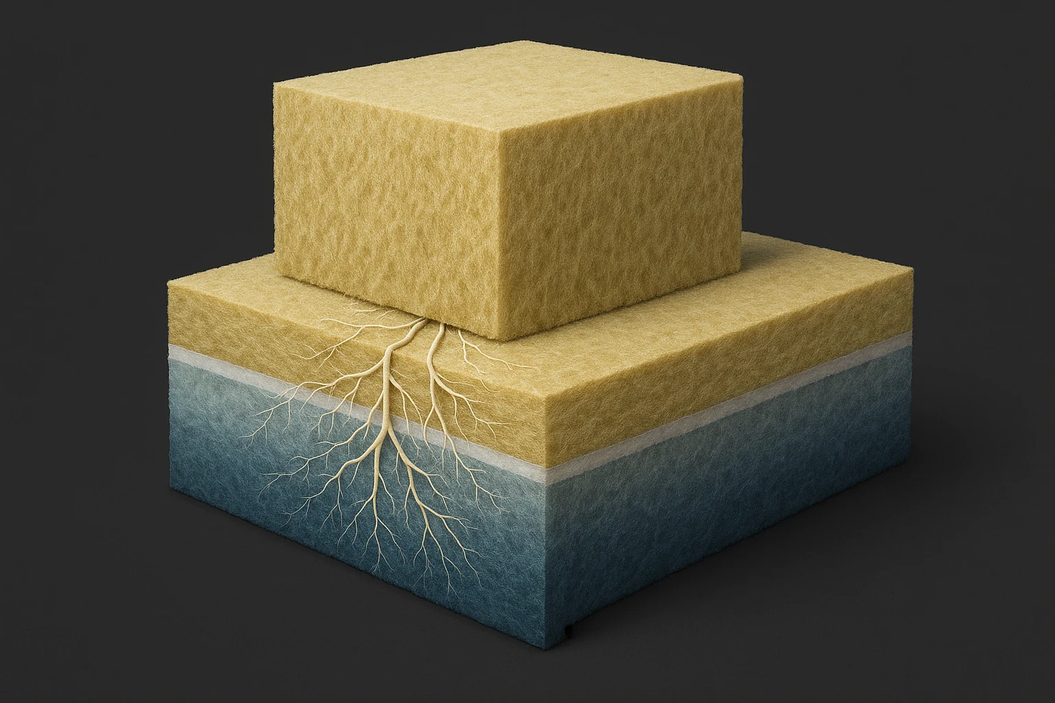 Illustrative stone-wool cross-section with a wetter lower zone and drier upper zone